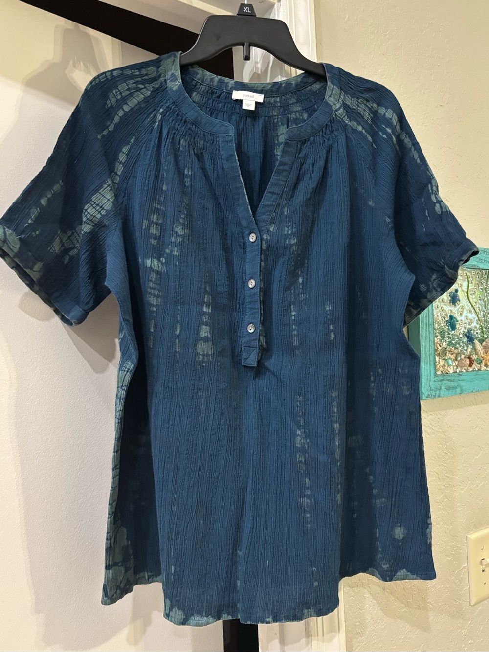 J.Jill Short-Sleeve Gathered neck Henley Top Teal with Green Tye-Dye - XL
